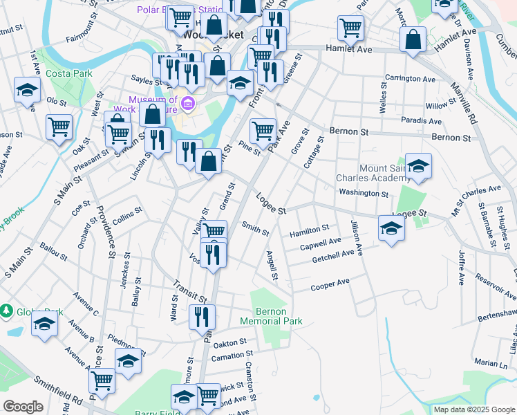 map of restaurants, bars, coffee shops, grocery stores, and more near 546 Park Avenue in Woonsocket