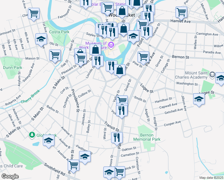 map of restaurants, bars, coffee shops, grocery stores, and more near 84 Benefit Street in Woonsocket