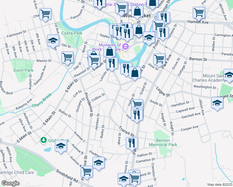 map of restaurants, bars, coffee shops, grocery stores, and more near 10 Transit Street in Woonsocket