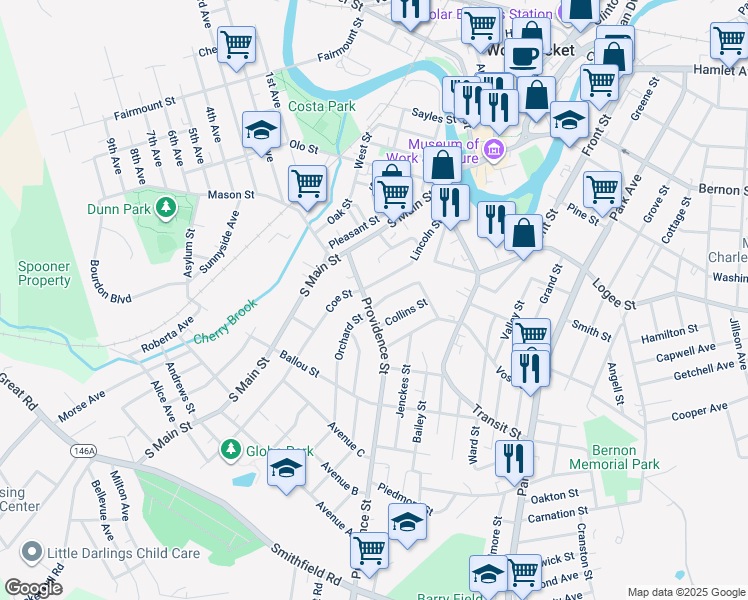 map of restaurants, bars, coffee shops, grocery stores, and more near 236 Lincoln Street in Woonsocket