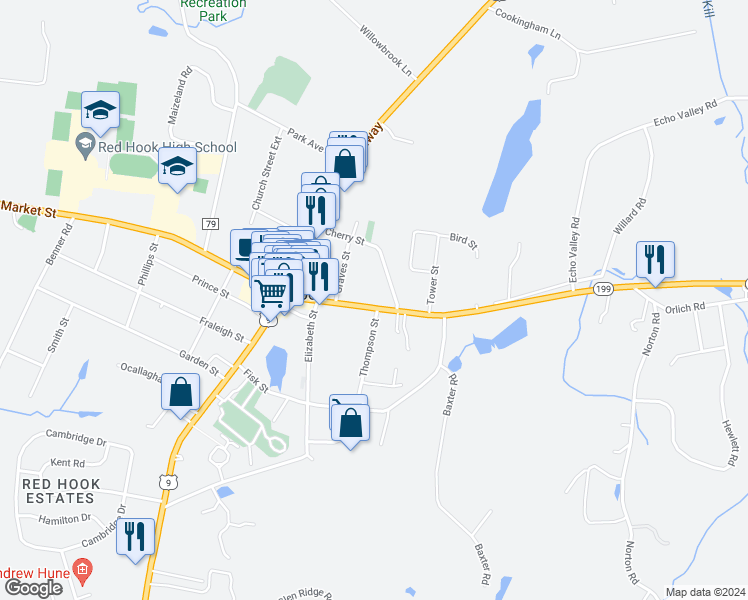 map of restaurants, bars, coffee shops, grocery stores, and more near 36 Cherry Street in Red Hook