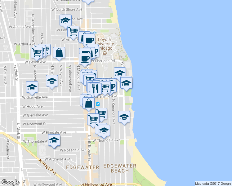 map of restaurants, bars, coffee shops, grocery stores, and more near 6230 North Kenmore Avenue in Chicago