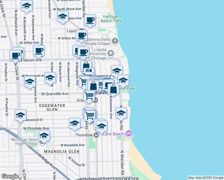 map of restaurants, bars, coffee shops, grocery stores, and more near 6230 North Kenmore Avenue in Chicago