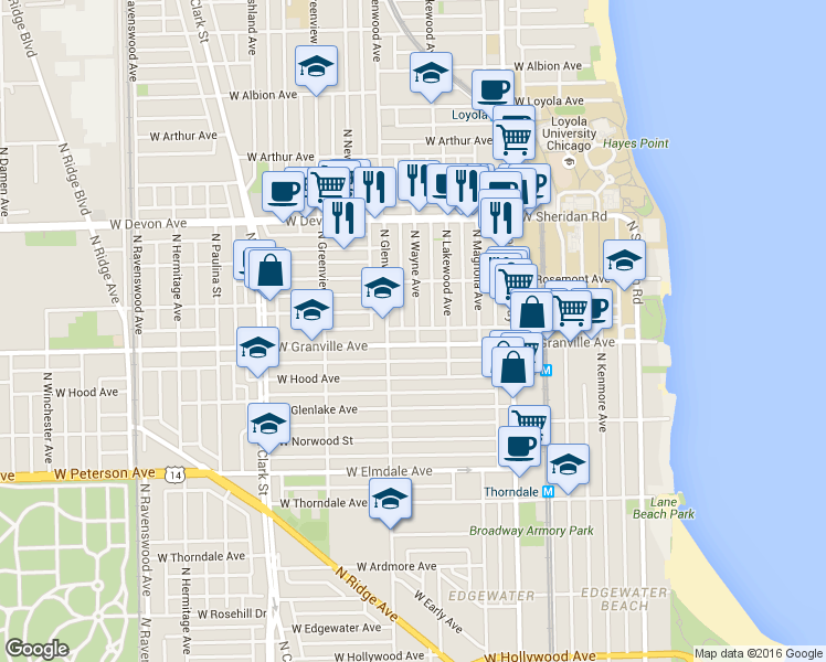 map of restaurants, bars, coffee shops, grocery stores, and more near 6234 North Wayne Avenue in Chicago