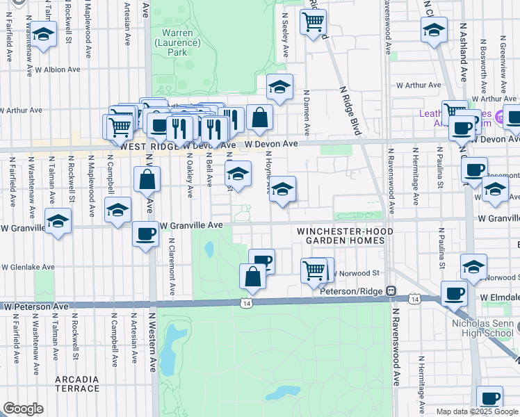 map of restaurants, bars, coffee shops, grocery stores, and more near 6242 North Hoyne Avenue in Chicago