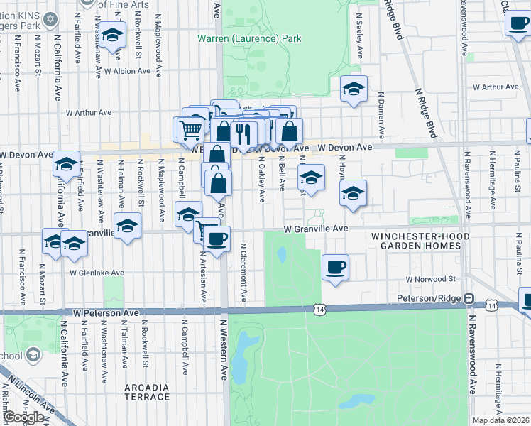 map of restaurants, bars, coffee shops, grocery stores, and more near 6245 North Oakley Avenue in Chicago