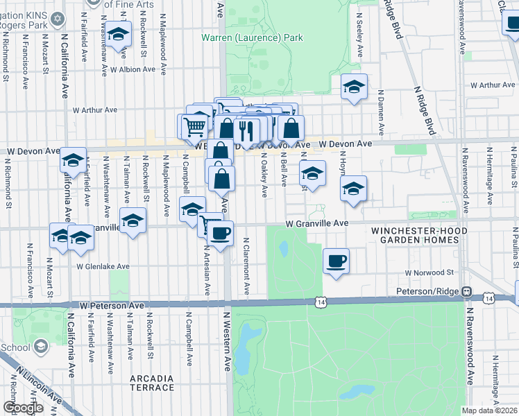 map of restaurants, bars, coffee shops, grocery stores, and more near 6245 North Oakley Avenue in Chicago