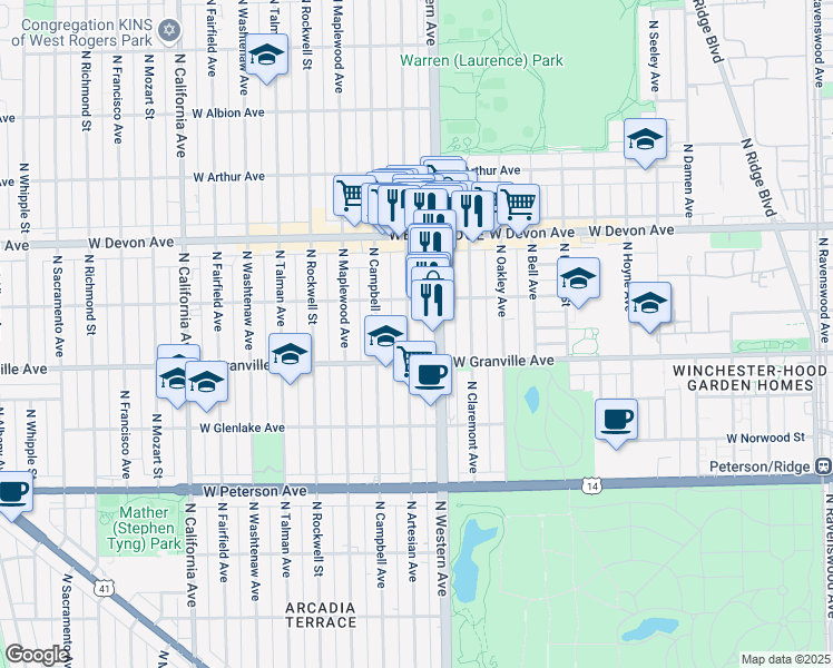 map of restaurants, bars, coffee shops, grocery stores, and more near 6246 North Western Avenue in Chicago
