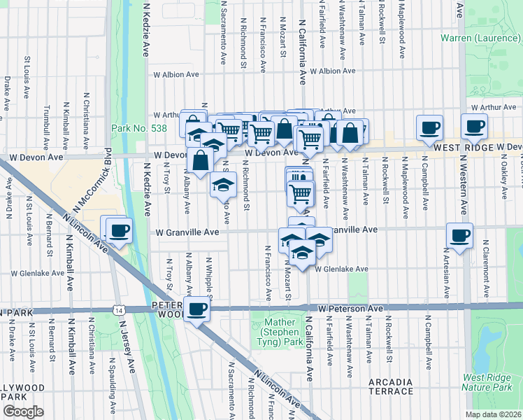 map of restaurants, bars, coffee shops, grocery stores, and more near 6259 North Francisco Avenue in Chicago