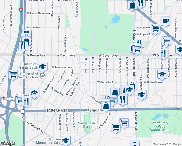 map of restaurants, bars, coffee shops, grocery stores, and more near 6300 North Kildare Avenue in Chicago