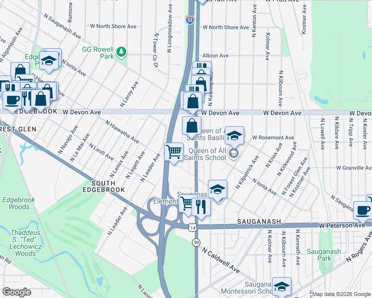 map of restaurants, bars, coffee shops, grocery stores, and more near 6288 North Cicero Avenue in Chicago