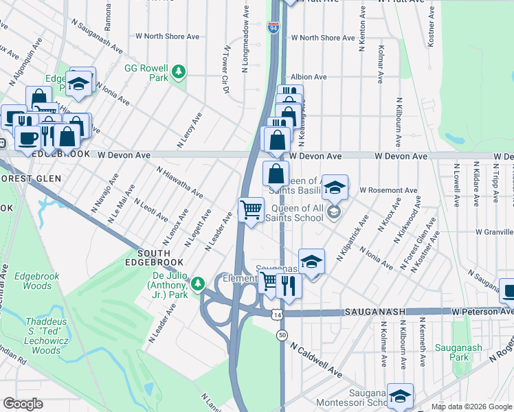 map of restaurants, bars, coffee shops, grocery stores, and more near 6246 North La Crosse Avenue in Chicago