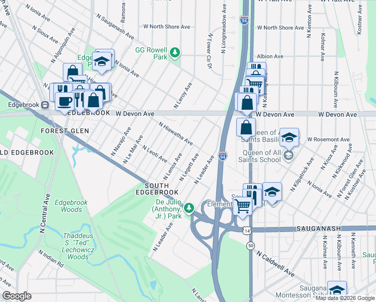 map of restaurants, bars, coffee shops, grocery stores, and more near 6311 North Lenox Avenue in Chicago