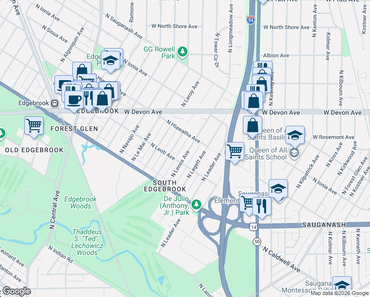 map of restaurants, bars, coffee shops, grocery stores, and more near 6293 North Leona Avenue in Chicago