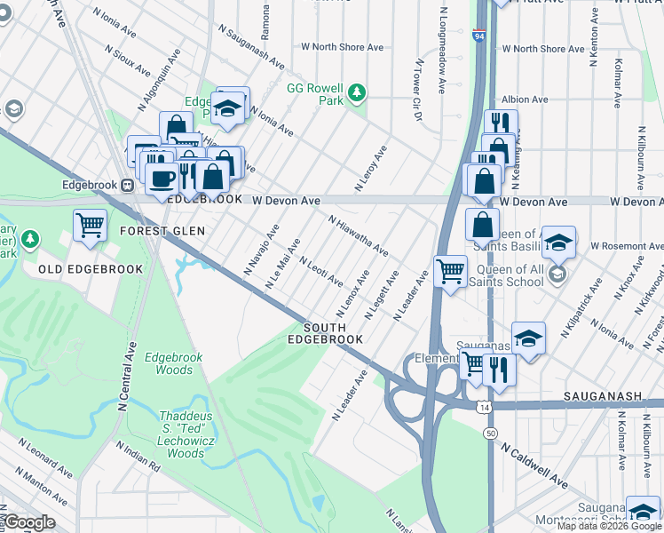 map of restaurants, bars, coffee shops, grocery stores, and more near 6329 North Leroy Avenue in Chicago