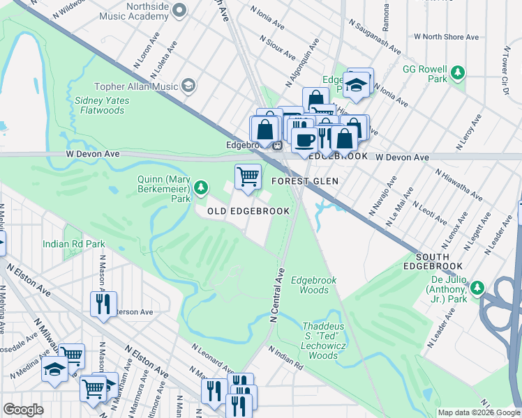 map of restaurants, bars, coffee shops, grocery stores, and more near 6283 North Louise Avenue in Chicago