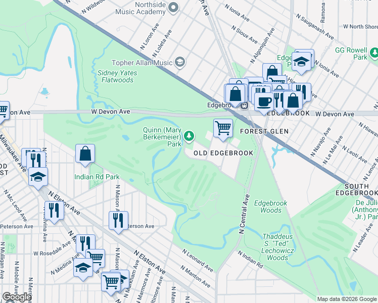 map of restaurants, bars, coffee shops, grocery stores, and more near 6247 North Mcclellan Avenue in Chicago