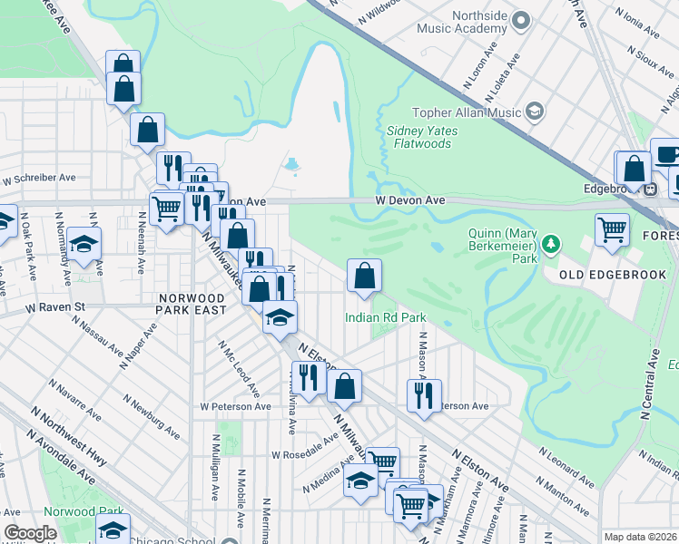 map of restaurants, bars, coffee shops, grocery stores, and more near 6308 North Indian Road in Chicago