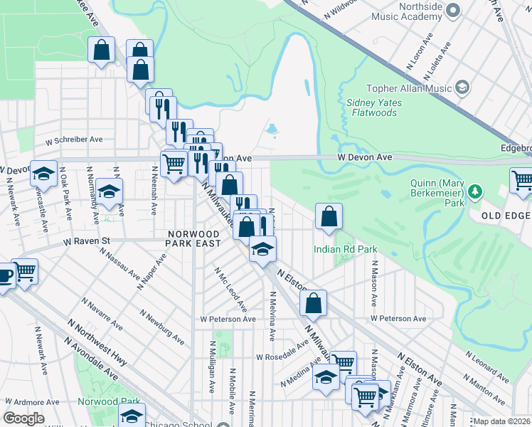 map of restaurants, bars, coffee shops, grocery stores, and more near 6310 North Melvina Avenue in Chicago