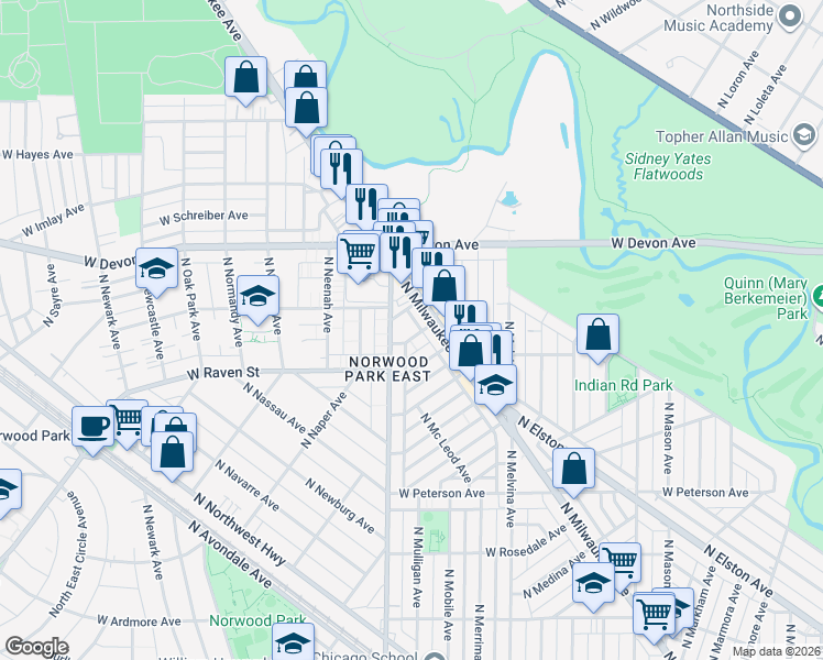map of restaurants, bars, coffee shops, grocery stores, and more near 6309 North Milwaukee Avenue in Chicago