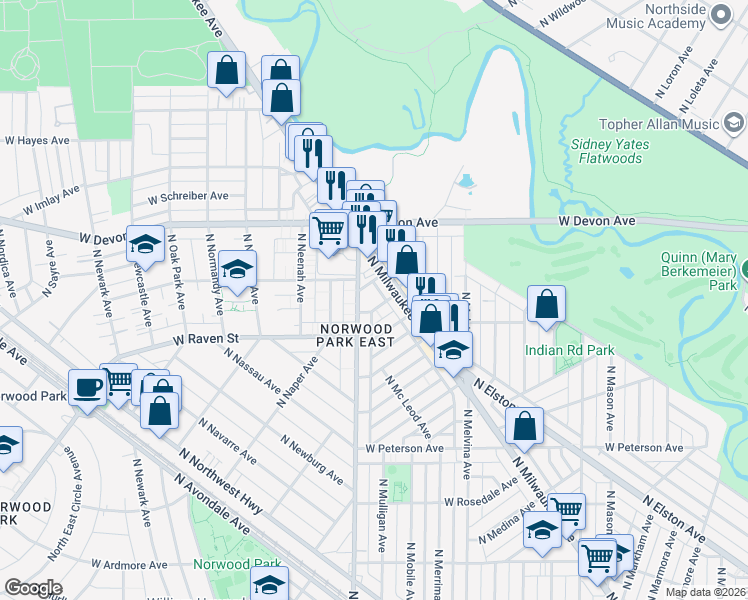 map of restaurants, bars, coffee shops, grocery stores, and more near 6264 North Nagle Avenue in Chicago