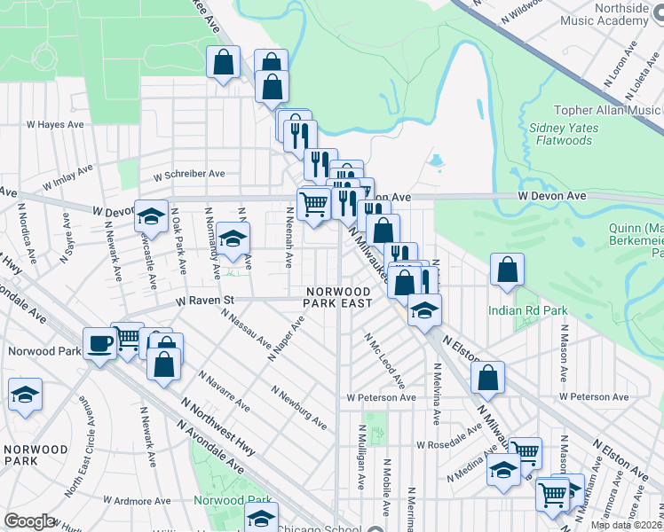 map of restaurants, bars, coffee shops, grocery stores, and more near 6264 North Nagle Avenue in Chicago