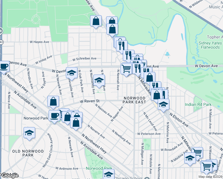 map of restaurants, bars, coffee shops, grocery stores, and more near 6511 West Palatine Avenue in Chicago