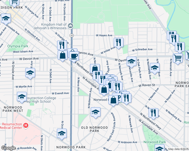 map of restaurants, bars, coffee shops, grocery stores, and more near 6229 North Nordica Avenue in Chicago