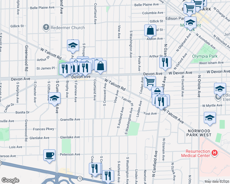 map of restaurants, bars, coffee shops, grocery stores, and more near in Park Ridge