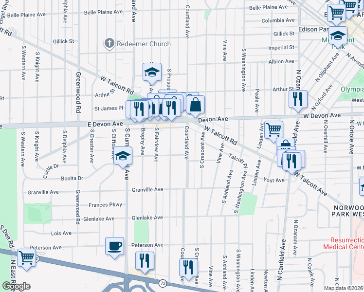 map of restaurants, bars, coffee shops, grocery stores, and more near 1229 Courtland Avenue in Park Ridge