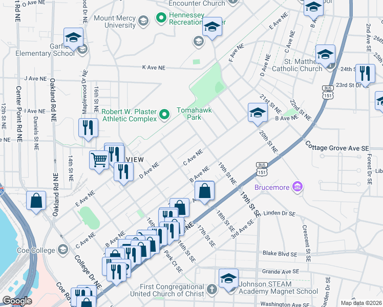 map of restaurants, bars, coffee shops, grocery stores, and more near 1841 D Avenue Northeast in Cedar Rapids