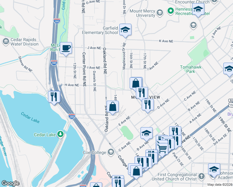 map of restaurants, bars, coffee shops, grocery stores, and more near 1400-1498 H Avenue Northeast in Cedar Rapids