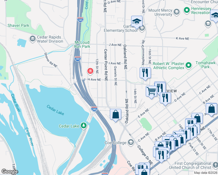 map of restaurants, bars, coffee shops, grocery stores, and more near 1317 H Avenue Northeast in Cedar Rapids