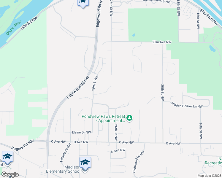 map of restaurants, bars, coffee shops, grocery stores, and more near 2624 Oak Crest Court Northwest in Cedar Rapids
