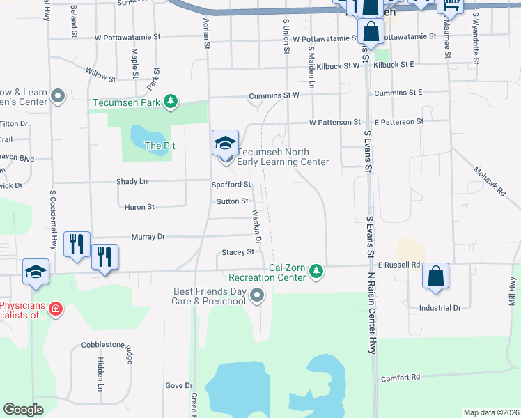 map of restaurants, bars, coffee shops, grocery stores, and more near 700 Waskin Drive in Tecumseh