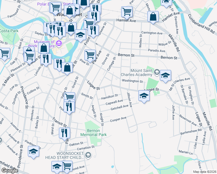 map of restaurants, bars, coffee shops, grocery stores, and more near 363 Logee Street in Woonsocket