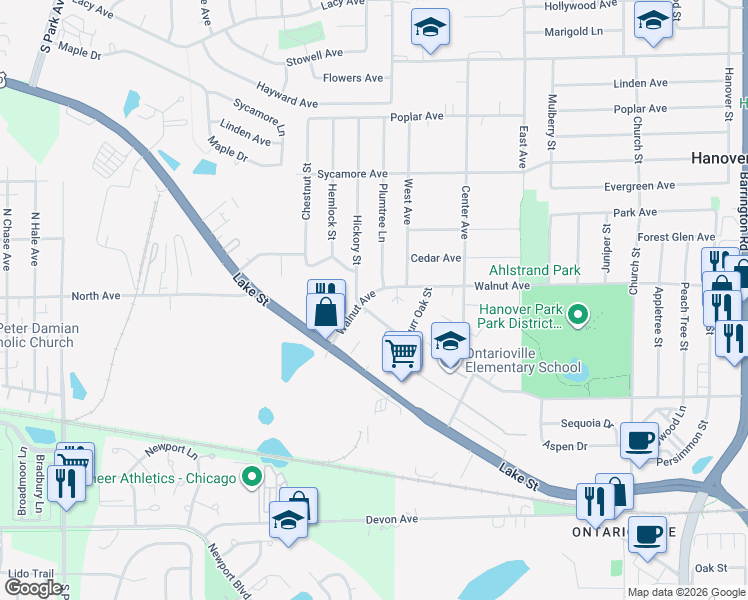 map of restaurants, bars, coffee shops, grocery stores, and more near 2281 Walnut Avenue in Hanover Park