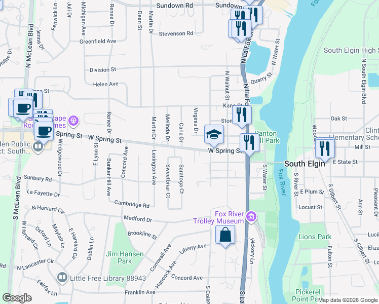 map of restaurants, bars, coffee shops, grocery stores, and more near 470 West Spring Street in South Elgin