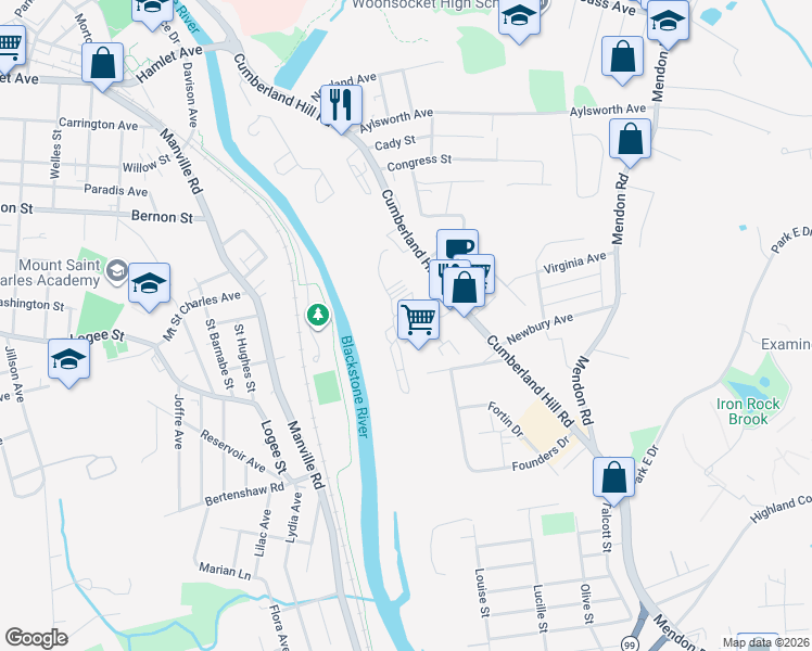map of restaurants, bars, coffee shops, grocery stores, and more near 5 Madison Avenue in Woonsocket