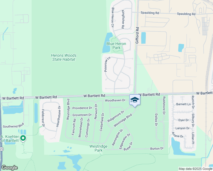 map of restaurants, bars, coffee shops, grocery stores, and more near 148 Primrose Lane in Bartlett