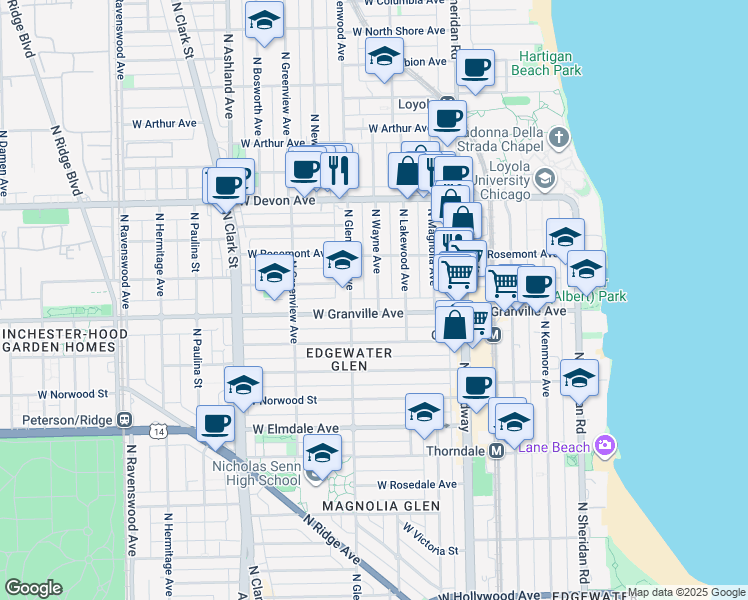 map of restaurants, bars, coffee shops, grocery stores, and more near 6210 North Wayne Avenue in Chicago