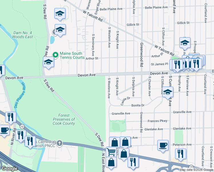 map of restaurants, bars, coffee shops, grocery stores, and more near 1216 South Western Avenue in Park Ridge