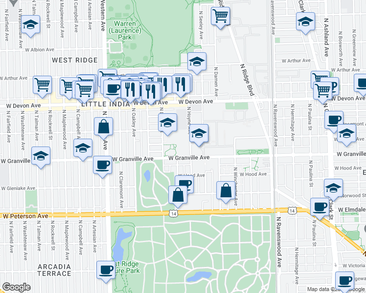 map of restaurants, bars, coffee shops, grocery stores, and more near 6242 North Hoyne Avenue in Chicago