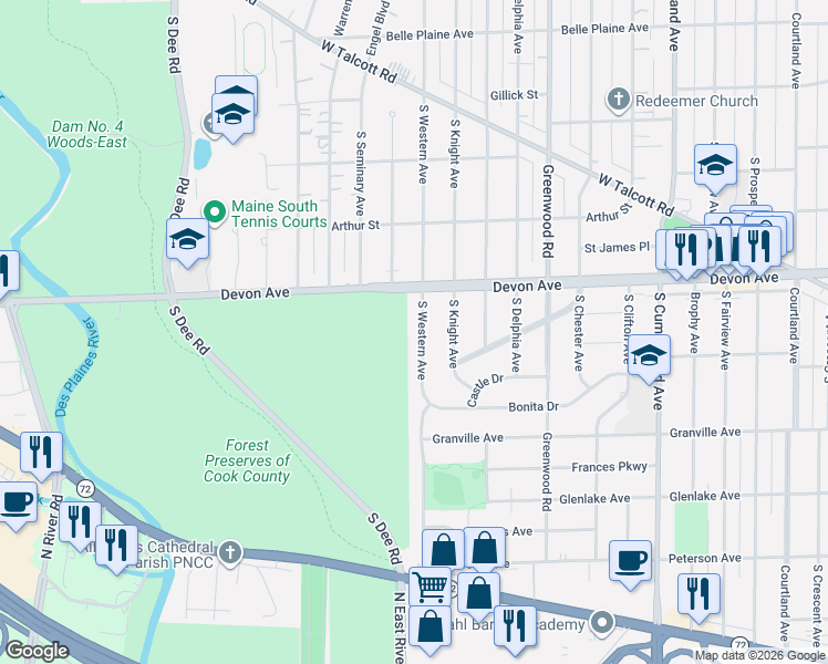 map of restaurants, bars, coffee shops, grocery stores, and more near 1234 South Western Avenue in Park Ridge