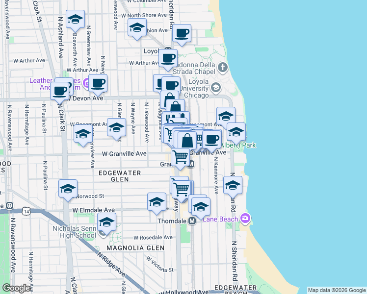 map of restaurants, bars, coffee shops, grocery stores, and more near 1134 West Granville Avenue in Chicago