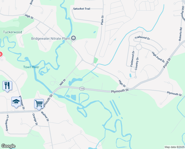map of restaurants, bars, coffee shops, grocery stores, and more near 95 Mill Street in Bridgewater