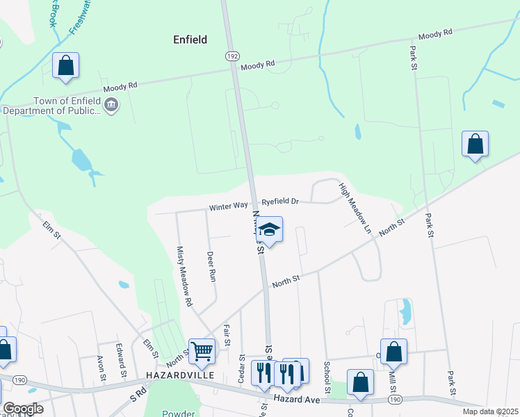 map of restaurants, bars, coffee shops, grocery stores, and more near 82 North Maple Street in Enfield