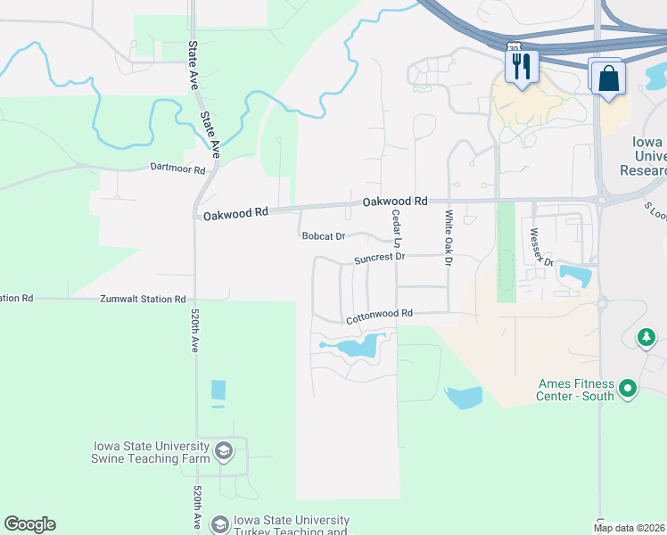 map of restaurants, bars, coffee shops, grocery stores, and more near 2710 Bobcat Drive in Ames