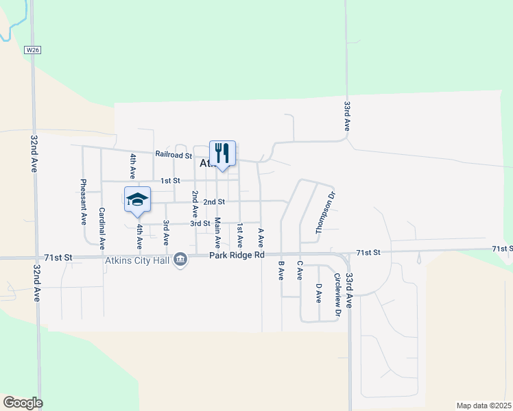 map of restaurants, bars, coffee shops, grocery stores, and more near 74 2nd Street in Atkins