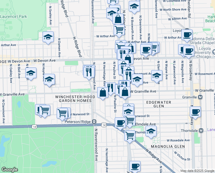 map of restaurants, bars, coffee shops, grocery stores, and more near 1745 West Thome Avenue in Chicago